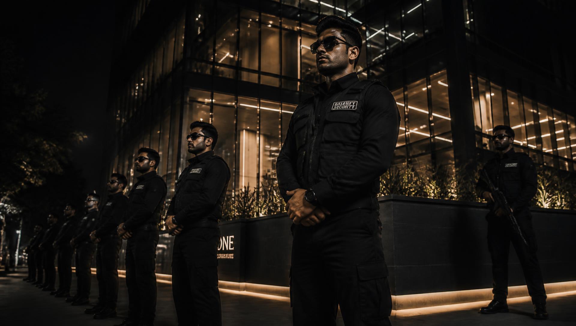 Rakshak Security Services security guards in formation outside a corporate tower at night